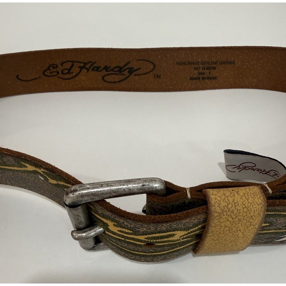 Ed Hardy Distressed Panther Graphic Leather Belt Men's Sz Small - Picture 5 of 10